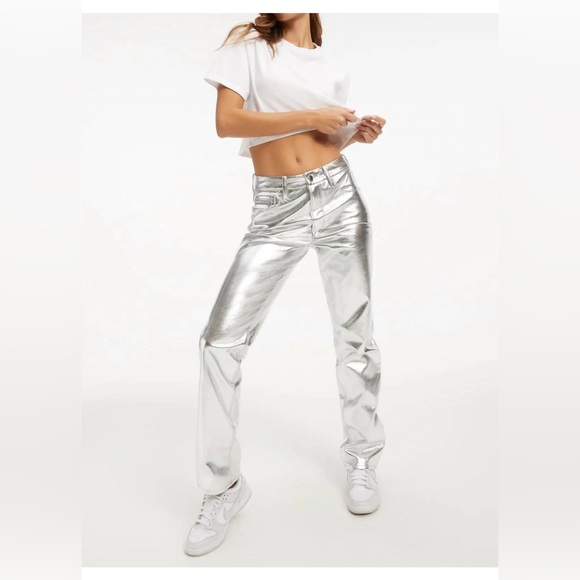 Pants - Good American Icon Silver Metallic Faux Leather Pants distressed size 6/28